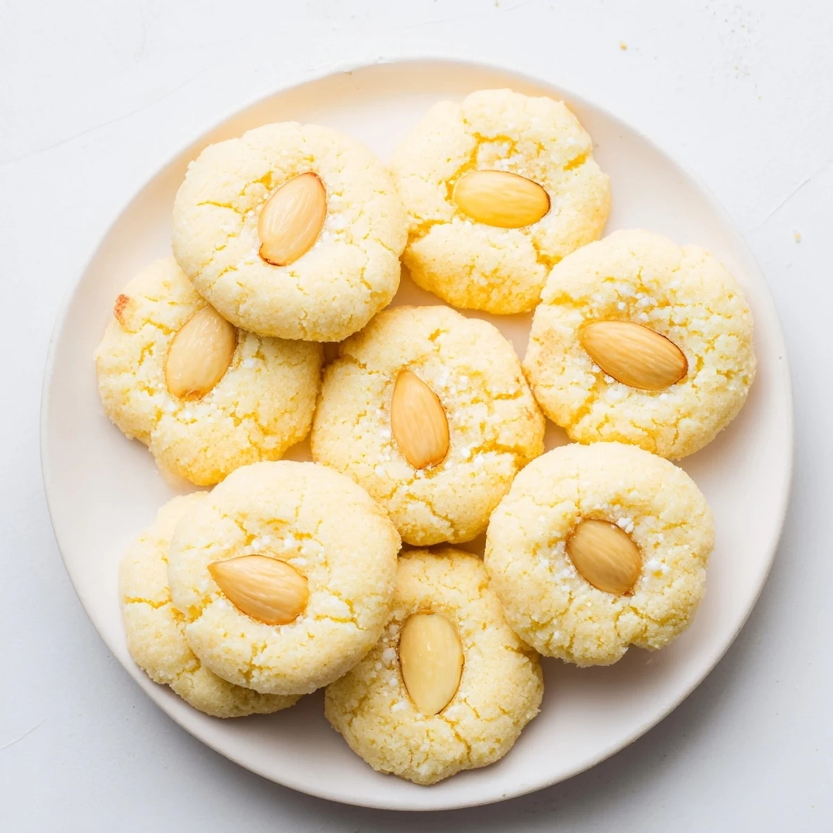 Traditional Chinese almond cookies stacked on serving plate with crumbly texture visible