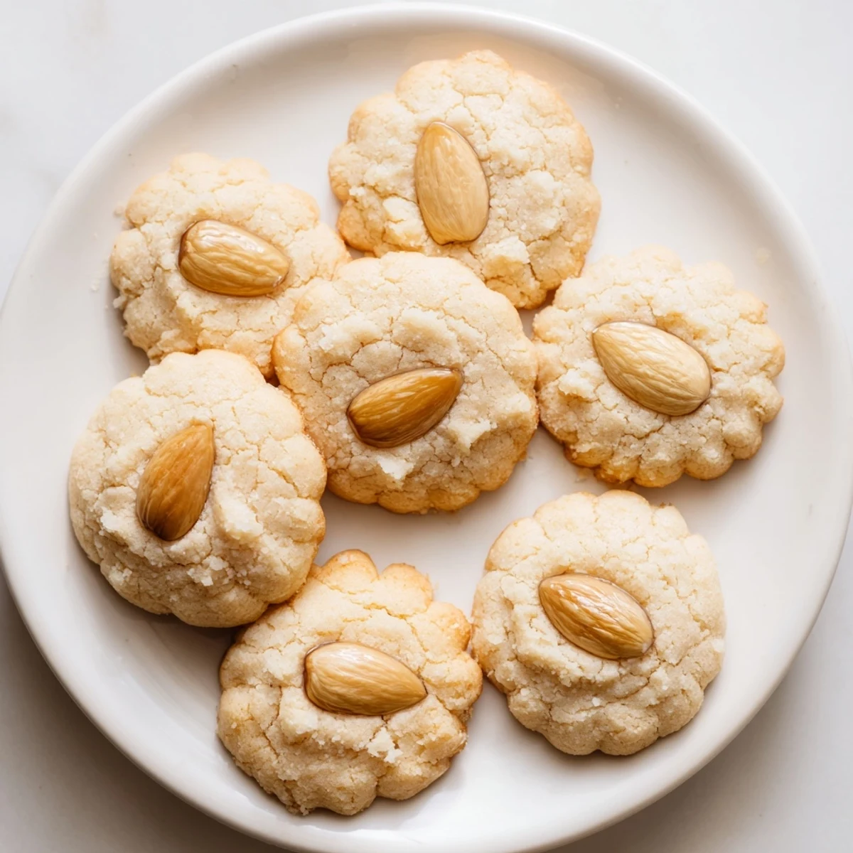 Homemade Chinese almond cookies with blanched almond topping and golden brown edges