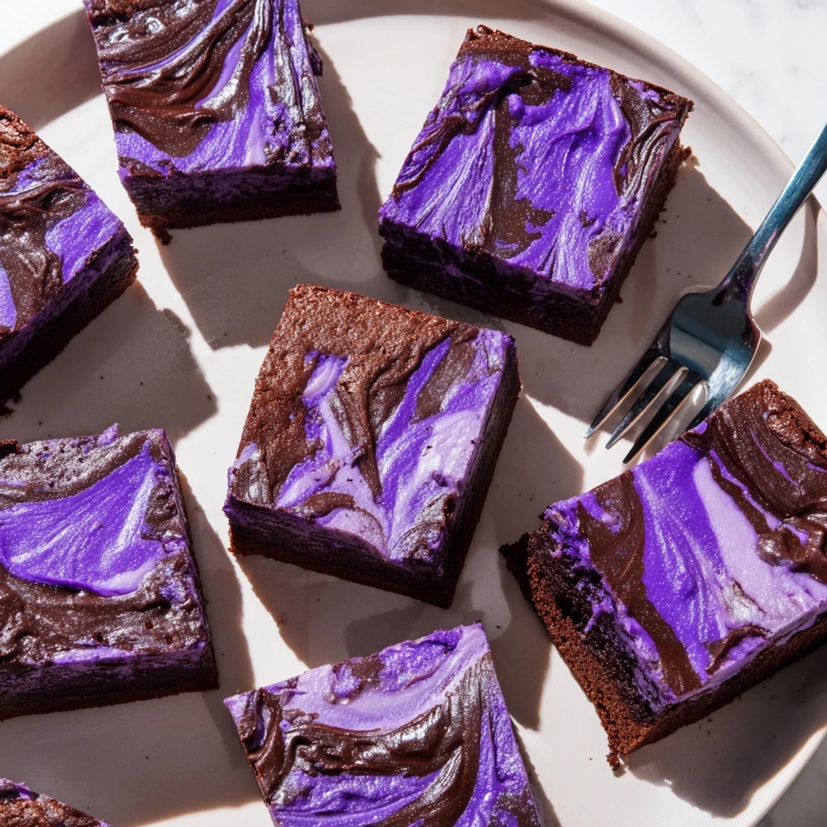 Vibrant purple ube brownies sliced into squares showing their moist, dense texture