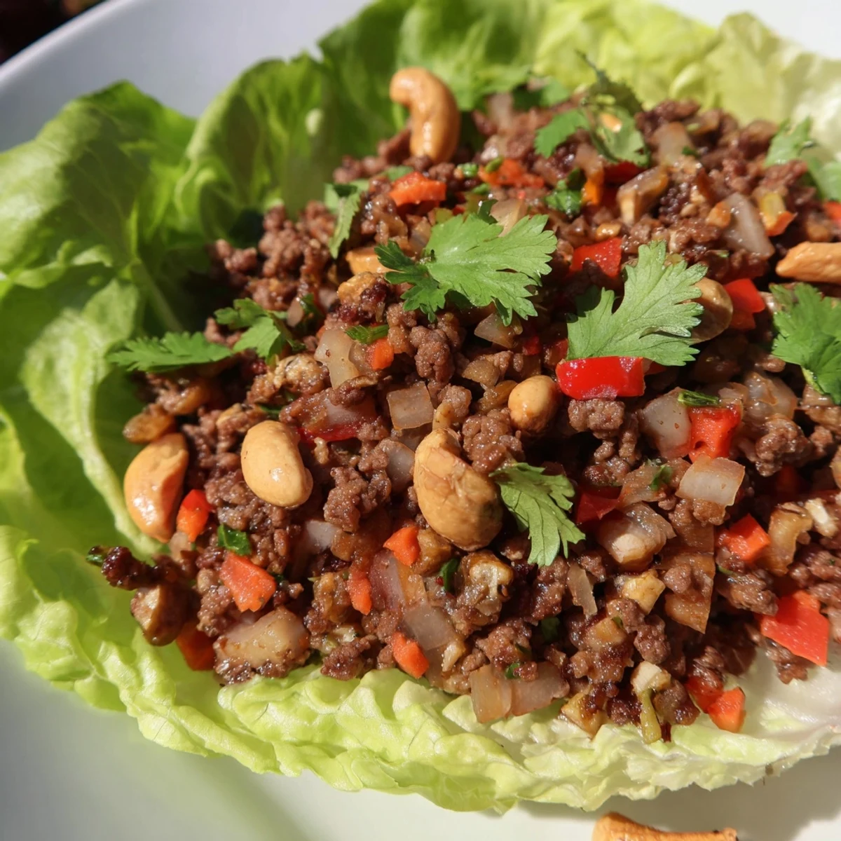 Golden beef and cashew lettuce cups filled with savory stir-fried meat and colorful diced vegetables in crisp green leaves