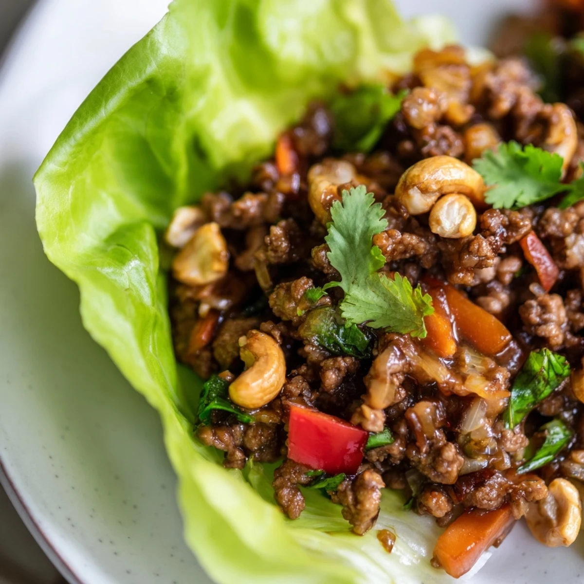 Fresh butter lettuce shells piled high with aromatic ground beef cashew stir-fry and vibrant red pepper pieces