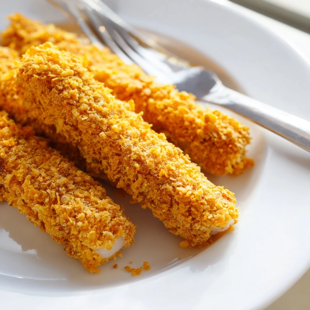 Golden corn chip fish fingers arranged on a baking sheet with crispy textured coating visible