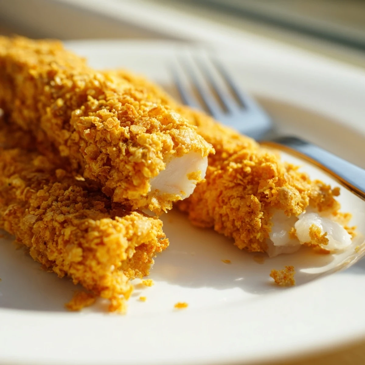 Homemade fish fingers with corn chip crust displayed alongside dipping sauce for family dinner