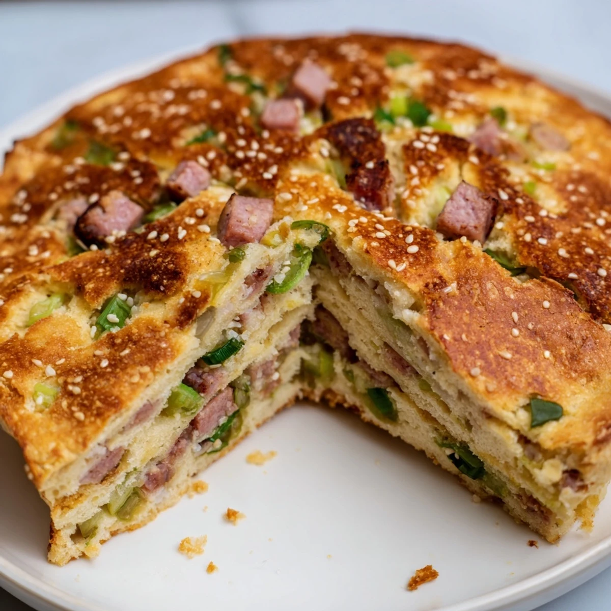 Fluffy buttery homemade Chinese sausage biscuits served warm on a wooden board with melted butter on top