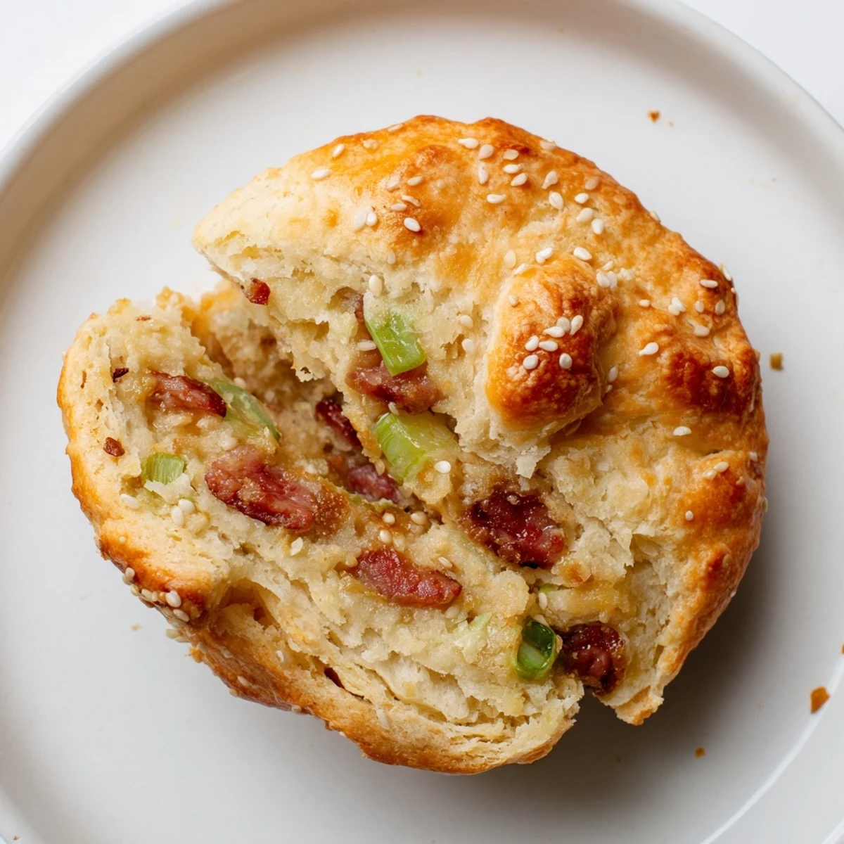 Golden brown homemade Chinese sausage biscuits with visible sausage pieces and scallions on a wire cooling rack