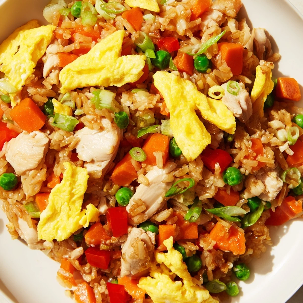 Golden chicken fried rice with colorful diced vegetables and delicate sliced egg omelette strips on top