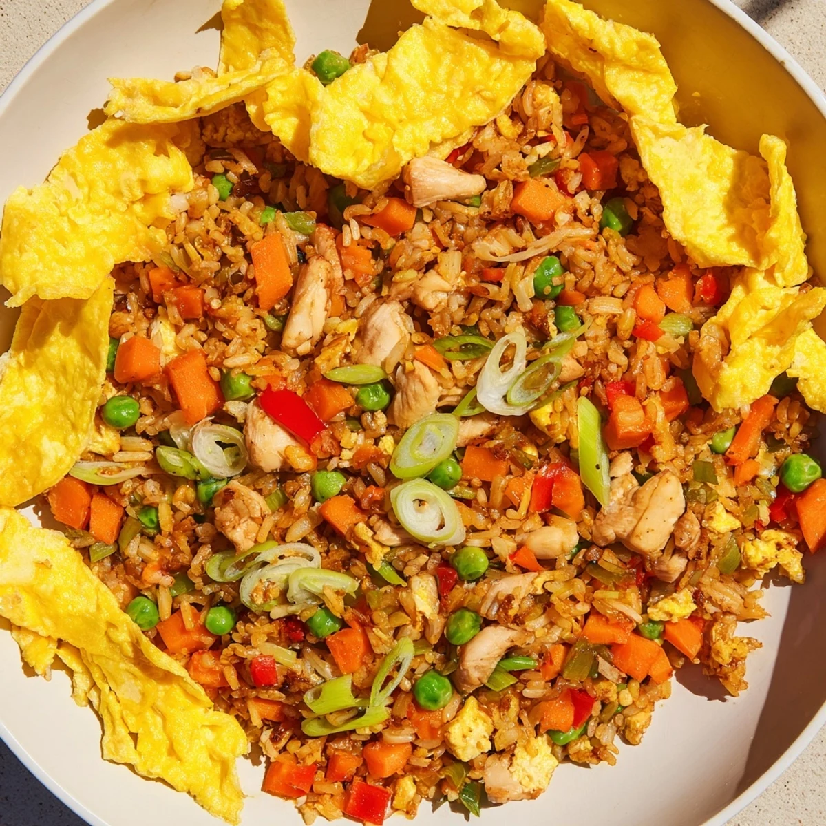Steaming plate of chicken fried rice garnished with rolled egg omelette slices and fresh green onion tops