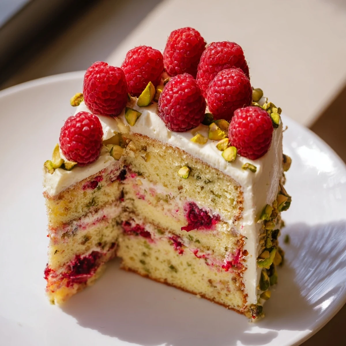 Elegant pistachio raspberry cake layered with creamy frosting and topped with fresh red berries and chopped green nuts