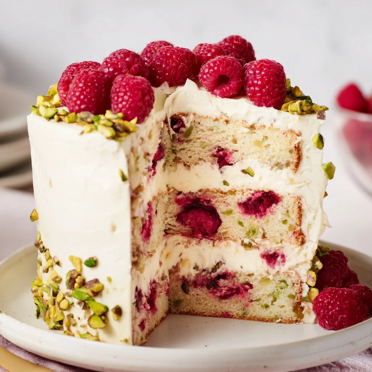 Golden slice of pistachio raspberry cake showing moist crumb studded with bright raspberries beneath smooth white cream cheese frosting