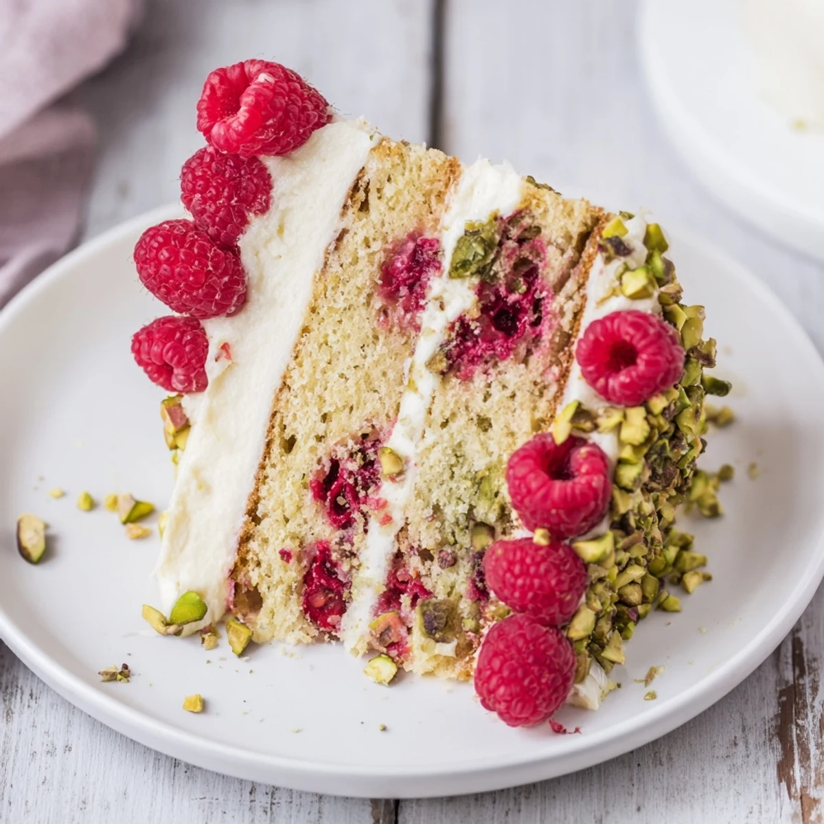 Festive pistachio raspberry cake decorated generously with whole fresh raspberries and crunchy pistachio pieces on a white serving plate