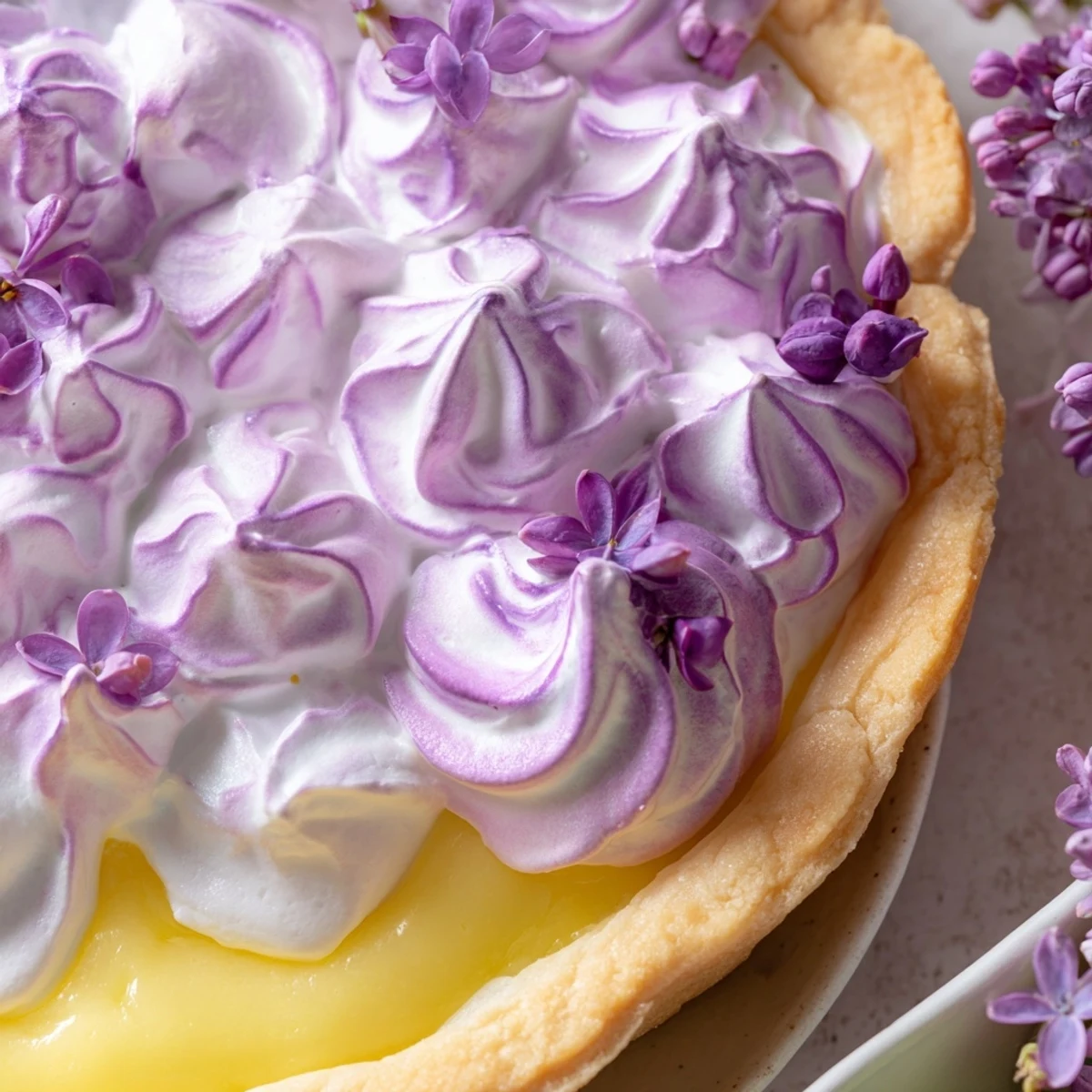 Golden mini lemon tart with lilac meringue topped with toasted peaks and fresh edible blossoms