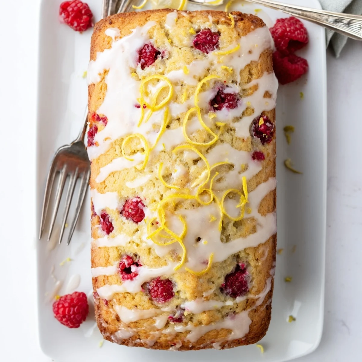 Golden raspberry lemon poppyseed loaf cake with tangy glaze drizzled over the moist crumb