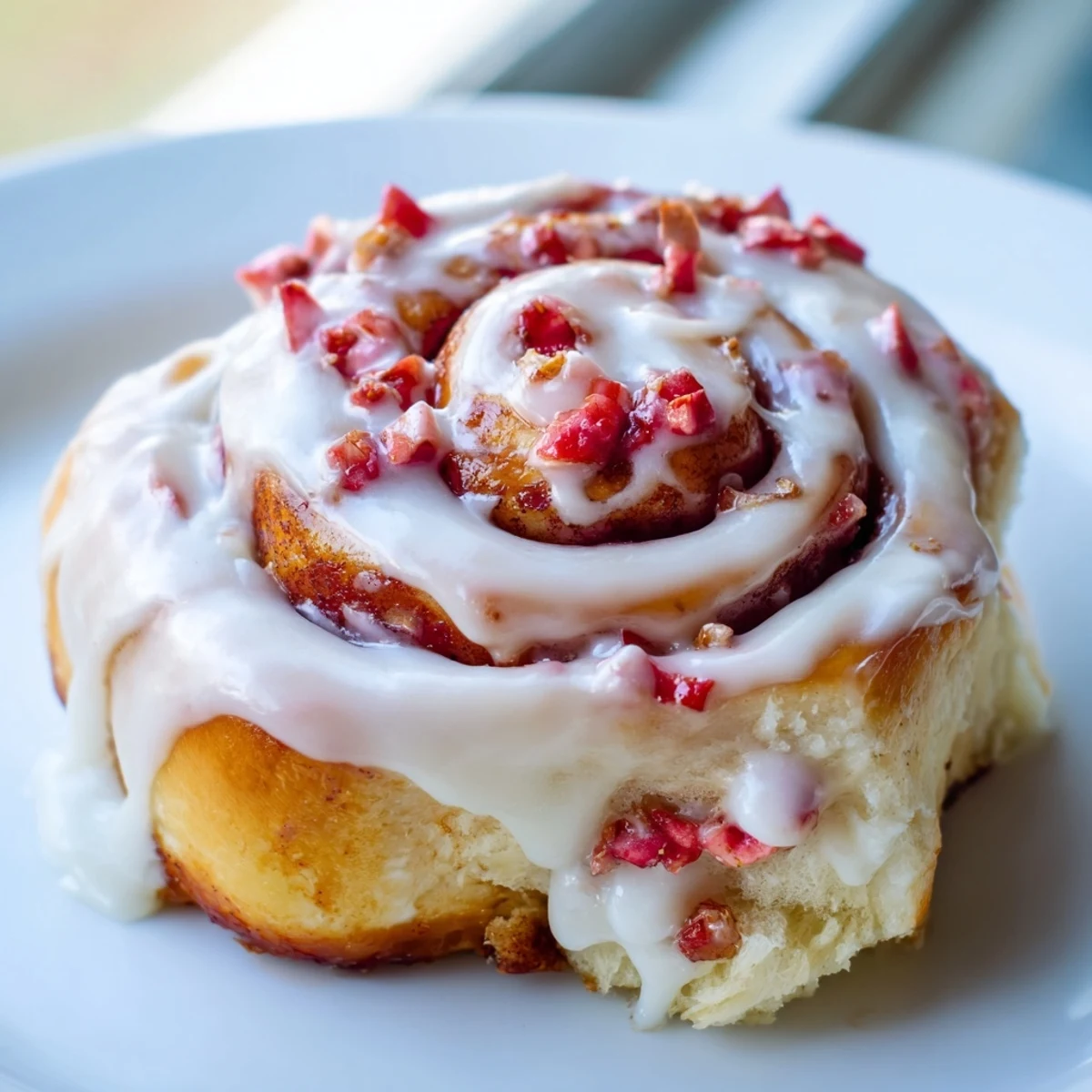 Golden homemade strawberry cinnamon rolls dripping with creamy white glaze on a breakfast plate