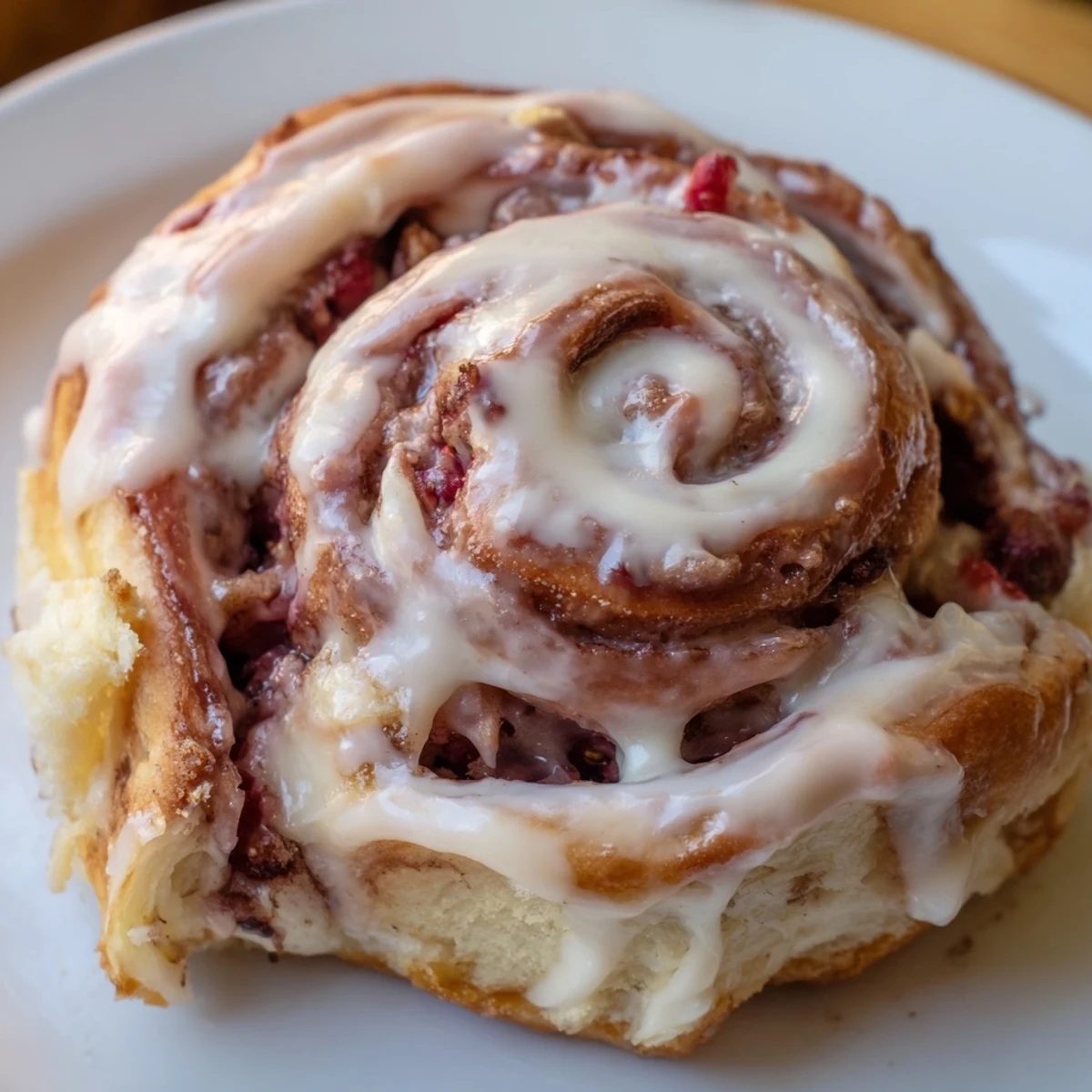 Soft baked strawberry cinnamon rolls topped with luscious glaze ready for brunch serving