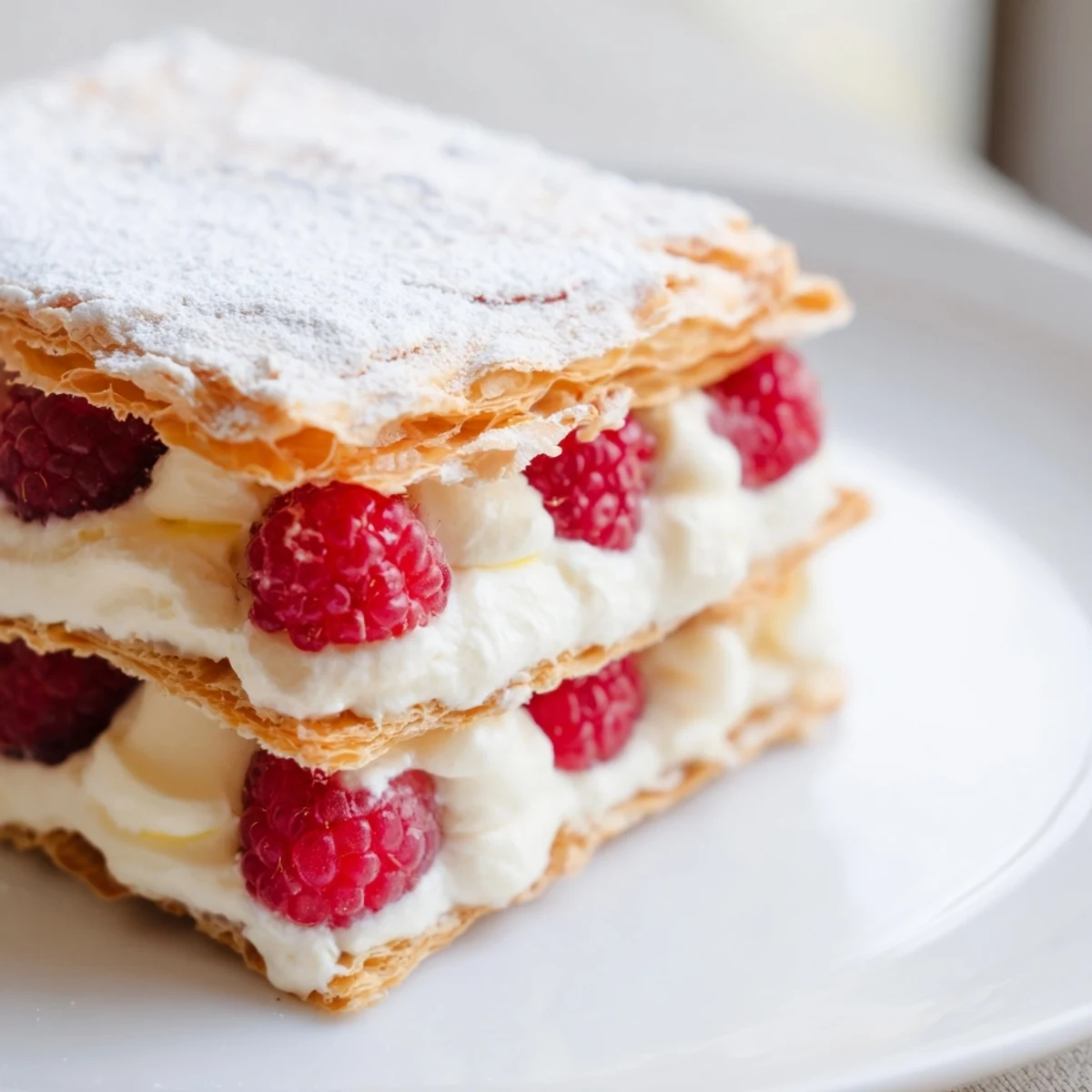 Raspberry Cream Napoleons feature golden puff pastry layers stacked with vanilla cream and fresh raspberries