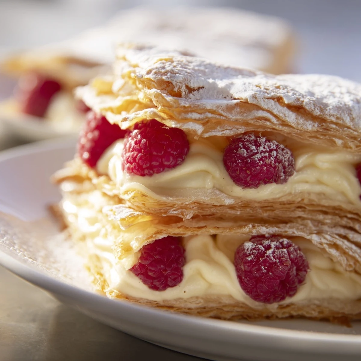 Elegant Raspberry Cream Napoleons dessert with crisp pastry, creamy vanilla filling, and vibrant red berries