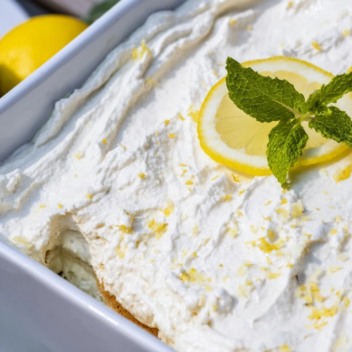 Fresh lemon tiramisu featuring layered ladyfingers soaked in bright lemon syrup beneath fluffy mascarpone cream