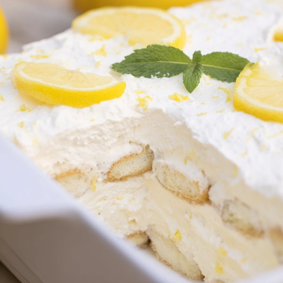Creamy lemon tiramisu dessert with golden lemon slices and mint garnish on a white serving plate