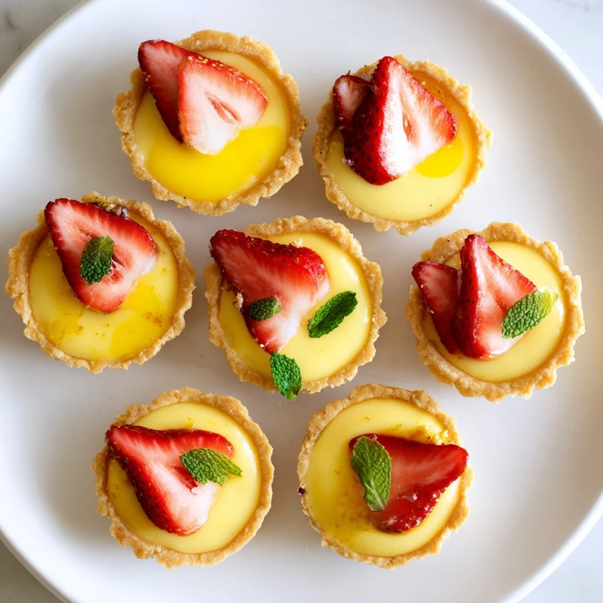 Golden buttery tart shells filled with creamy honey custard topped with fresh strawberry slices