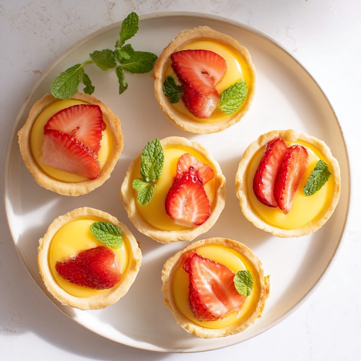 Individually sized strawberry honey custard tarts showcasing tangy lemon curd and vibrant red berries