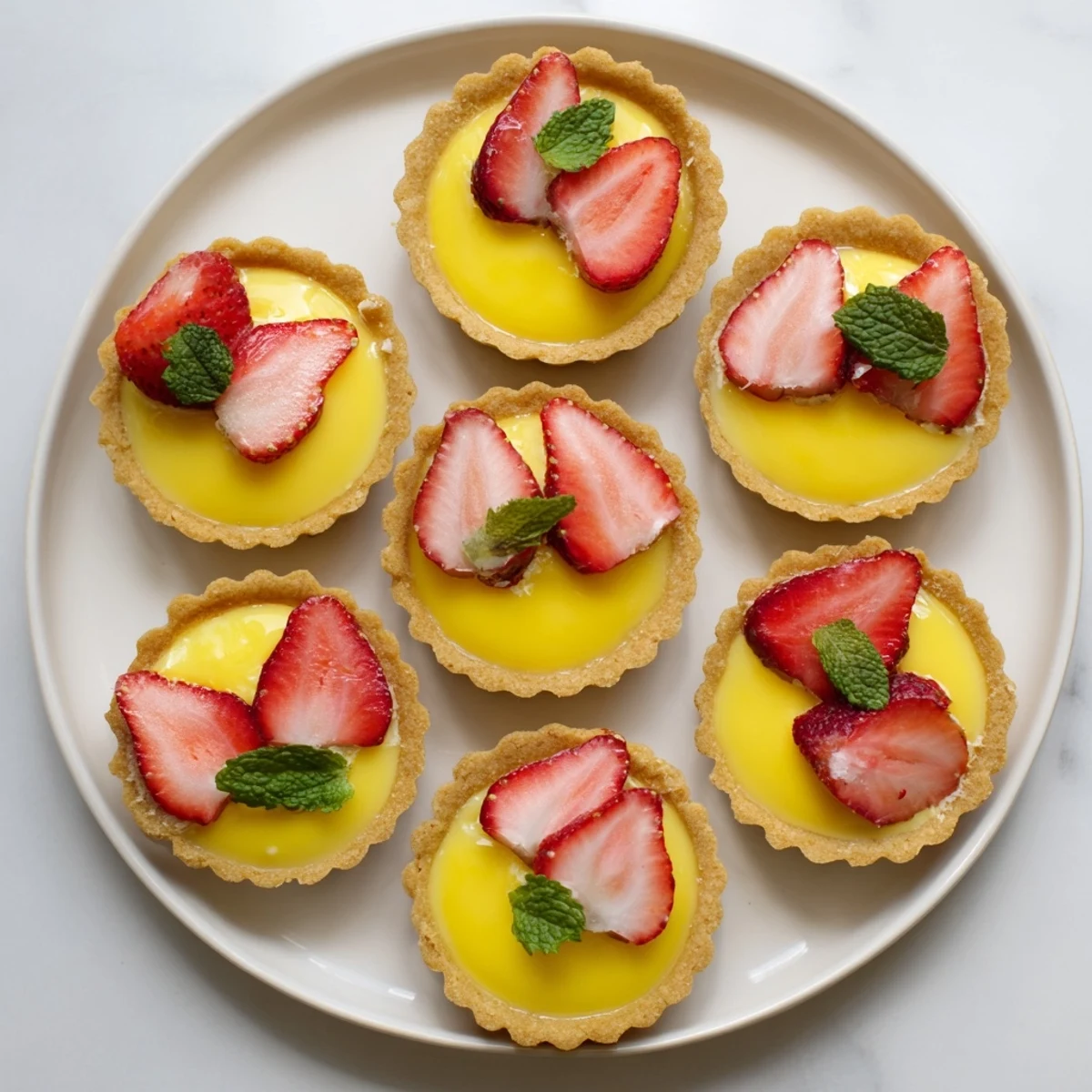 Summer dessert featuring layered honey custard and lemon curd beneath ripe strawberry garnish