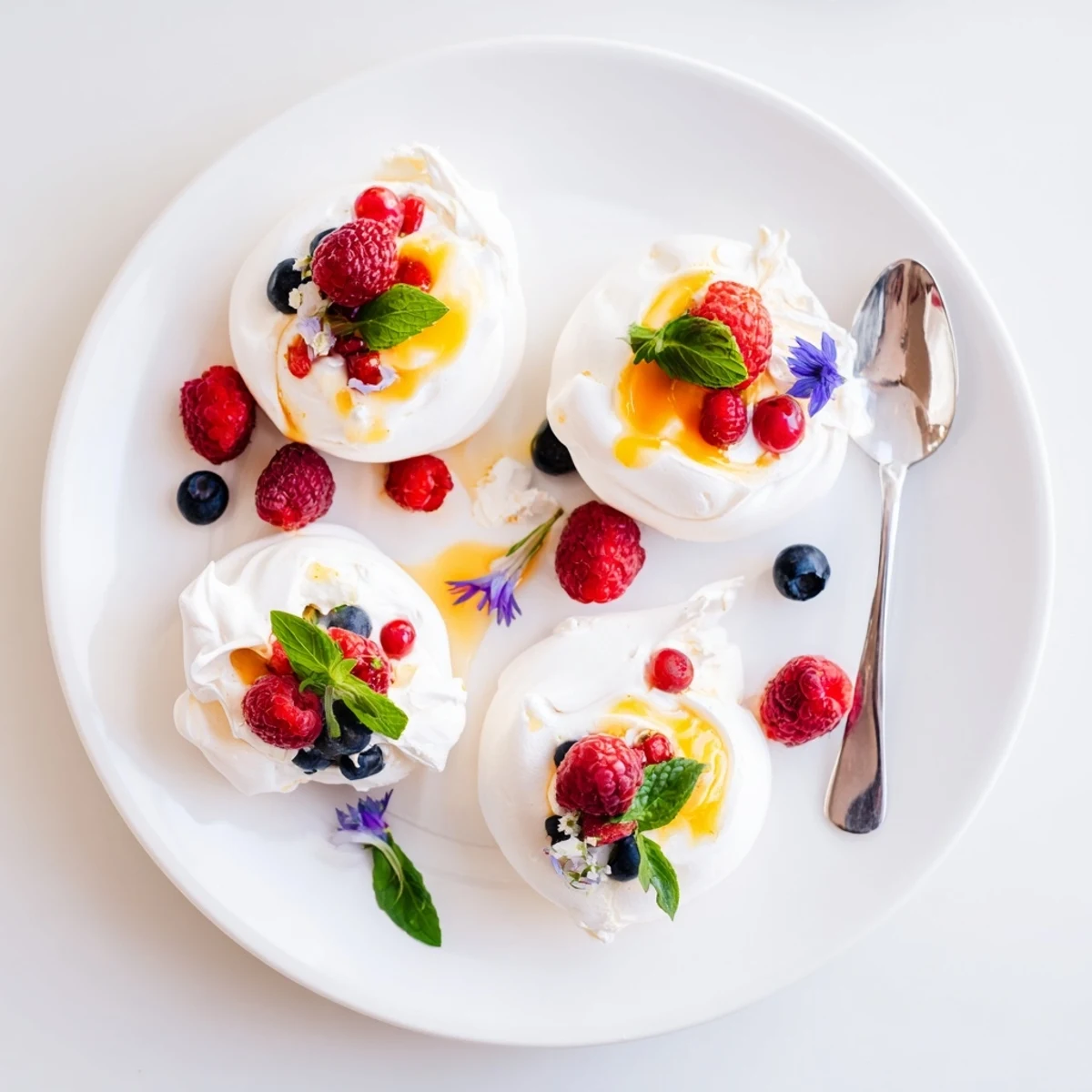 Golden meringues with citrus curd topped with fresh berries and mint leaves