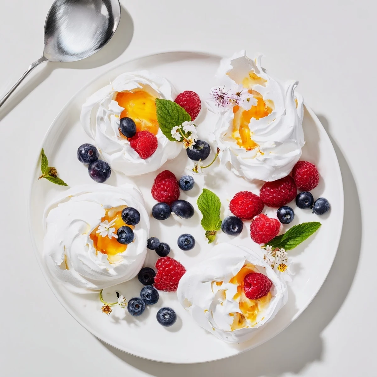 Light airy meringue dessert featuring creamy citrus curd with edible flower accents