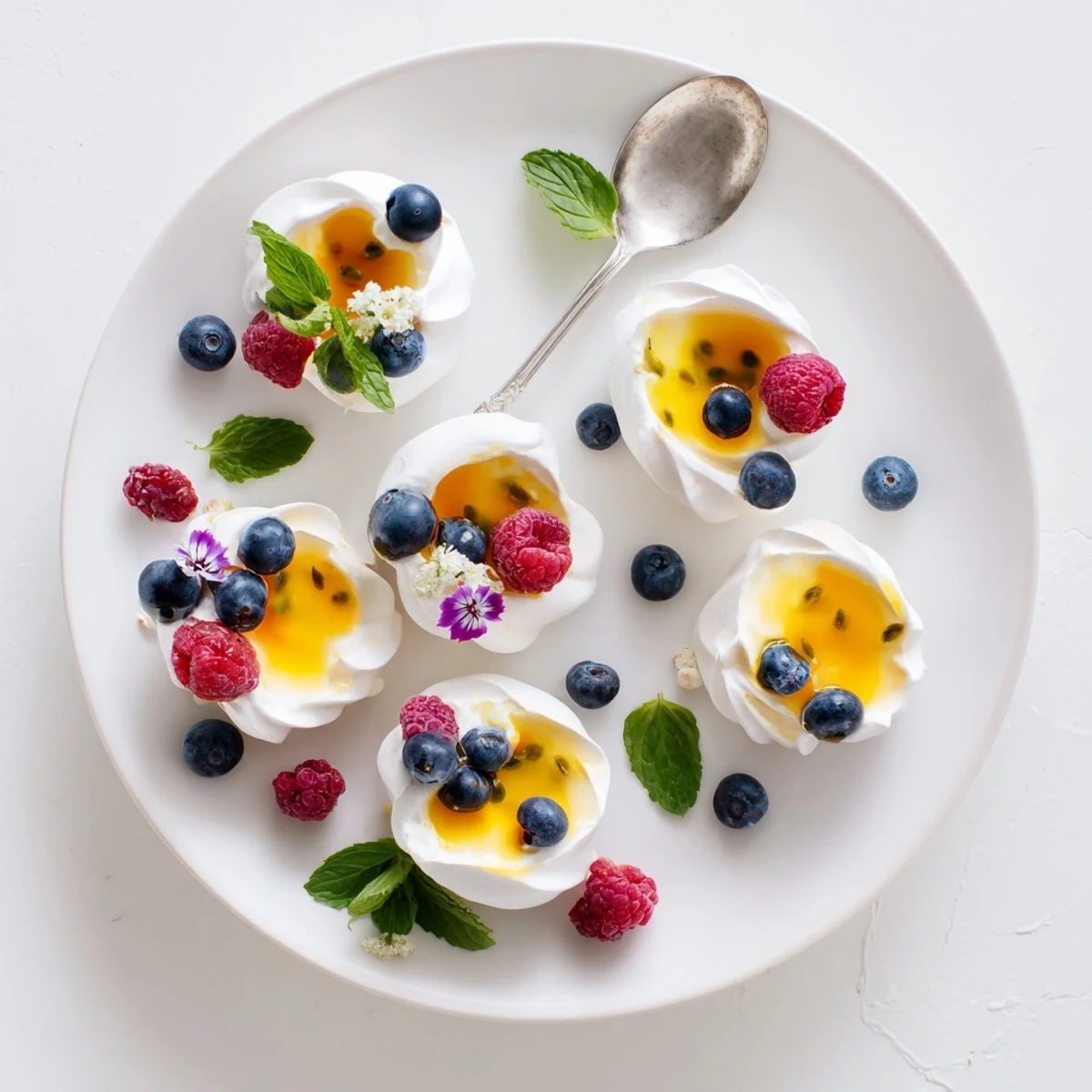 Crisp white meringue shells filled with tangy lemon orange curd and garnished