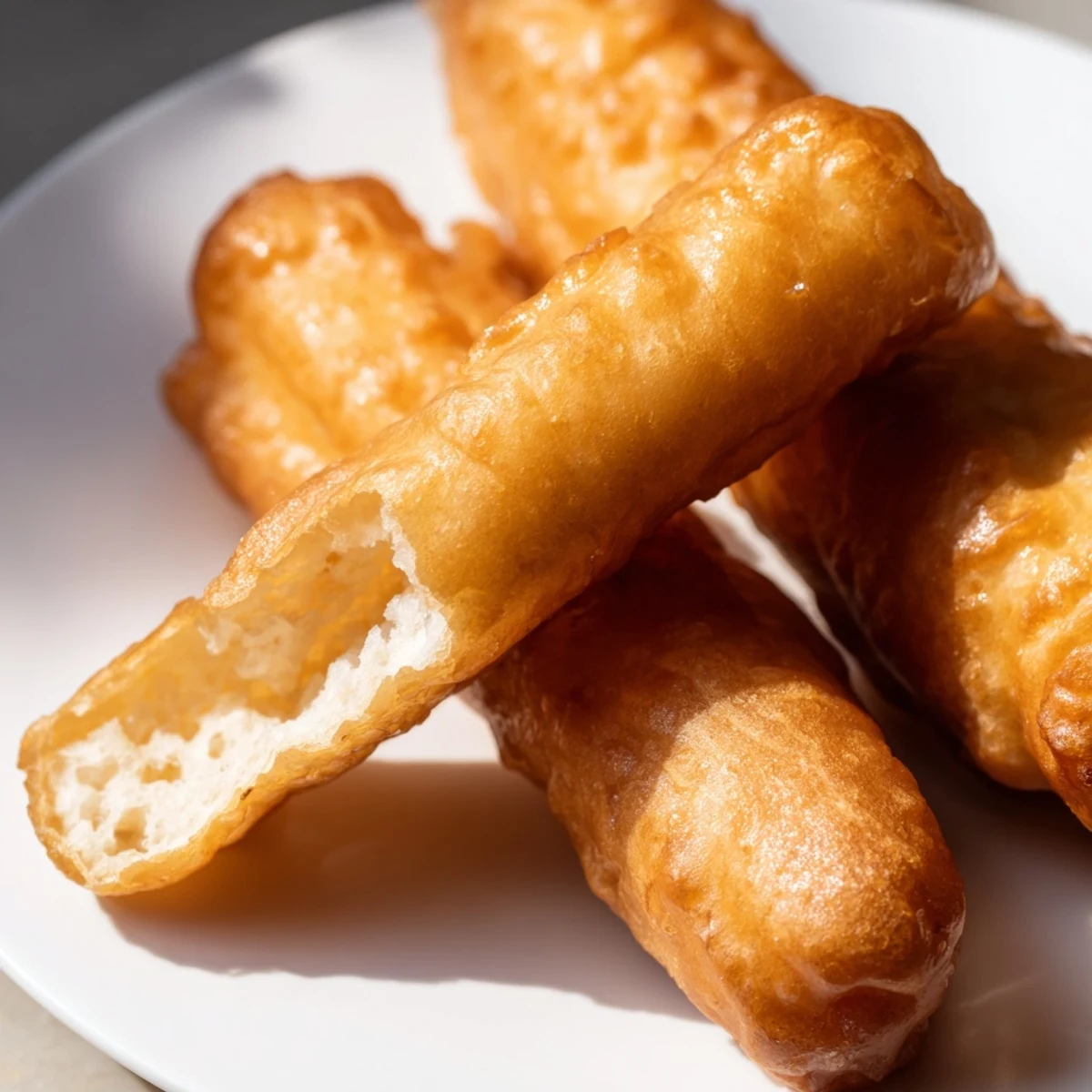 Crispy hollow Youtiao strips ready for dipping into warm soy milk breakfast bowl