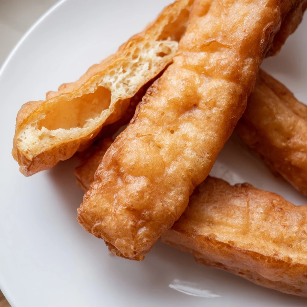 Pair of fluffy Youtiao sticks being fried in hot oil until golden brown
