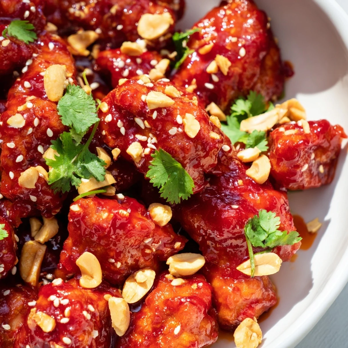 Golden glazed chicken over fluffy jasmine rice with colorful crisp vegetables in Thai sweet chili chicken Buddha bowls