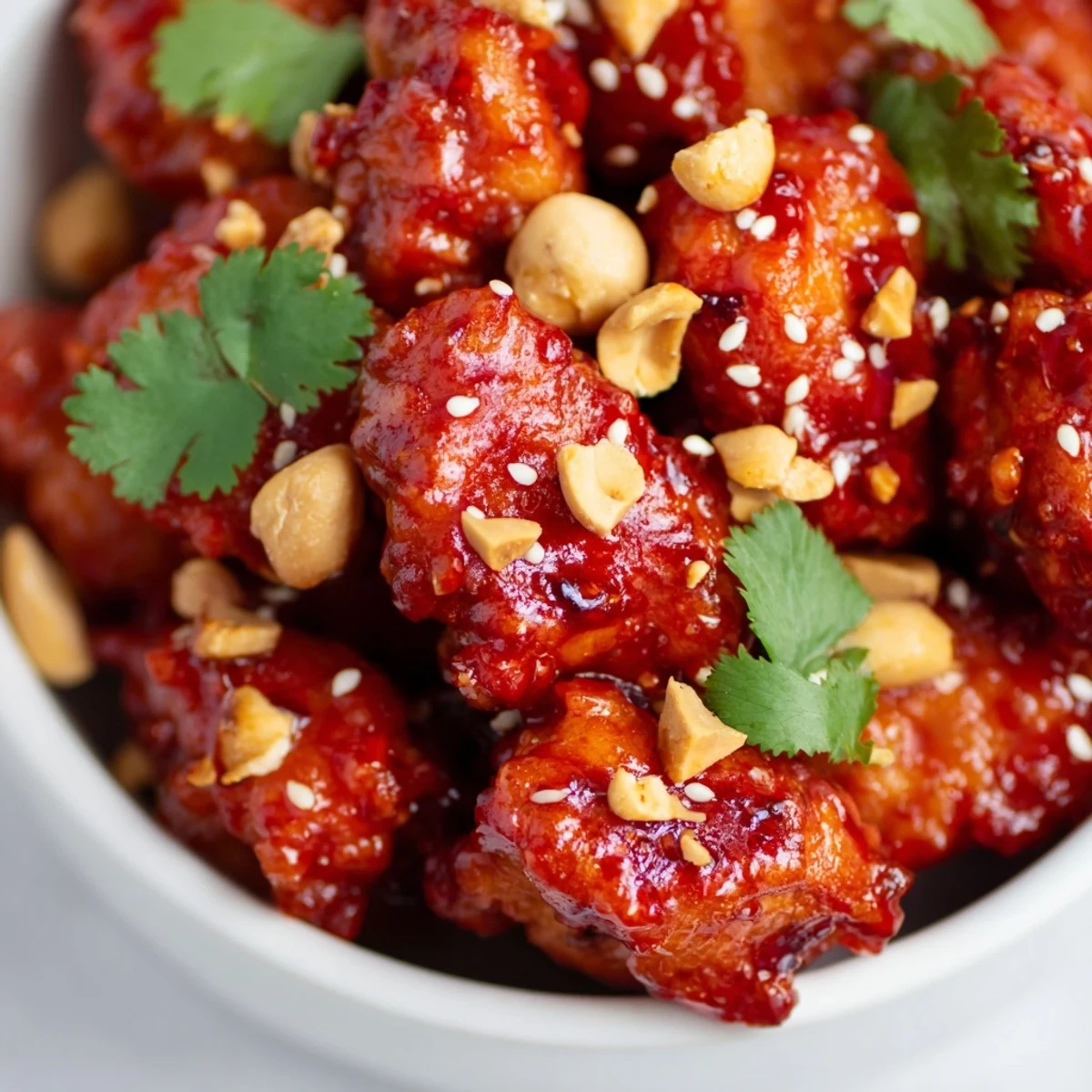 Vibrant bowl featuring tender sweet chili glazed chicken atop jasmine rice with fresh julienned vegetables and zesty lime drizzle