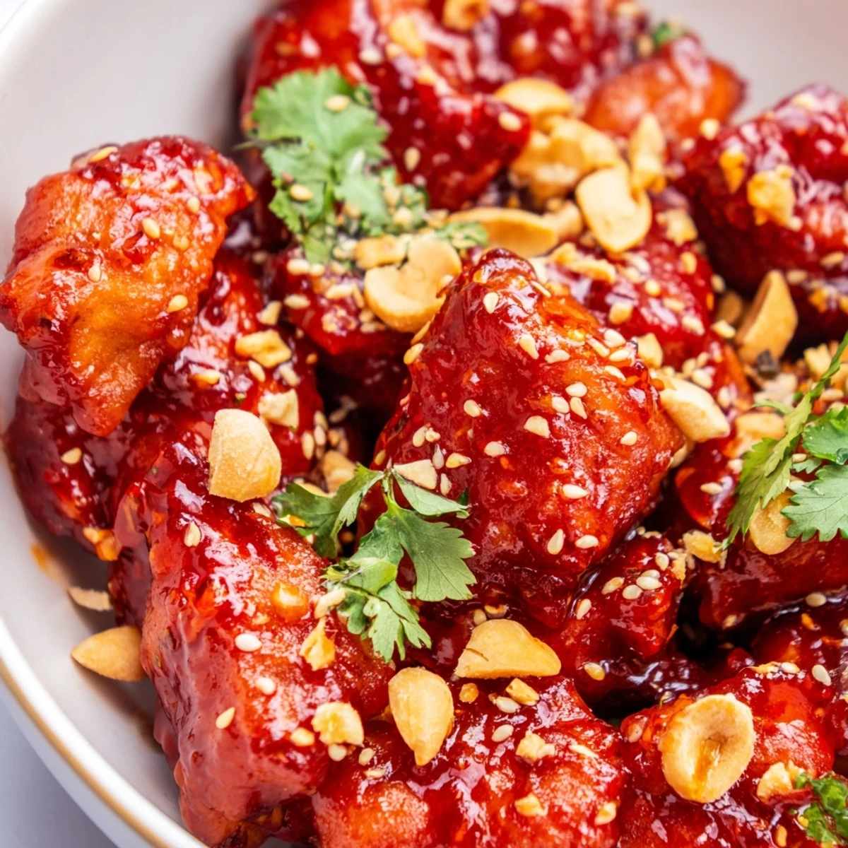 Thai sweet chili chicken Buddha bowls served with crunchy purple cabbage peppers cucumbers roasted peanuts and fresh cilantro garnish