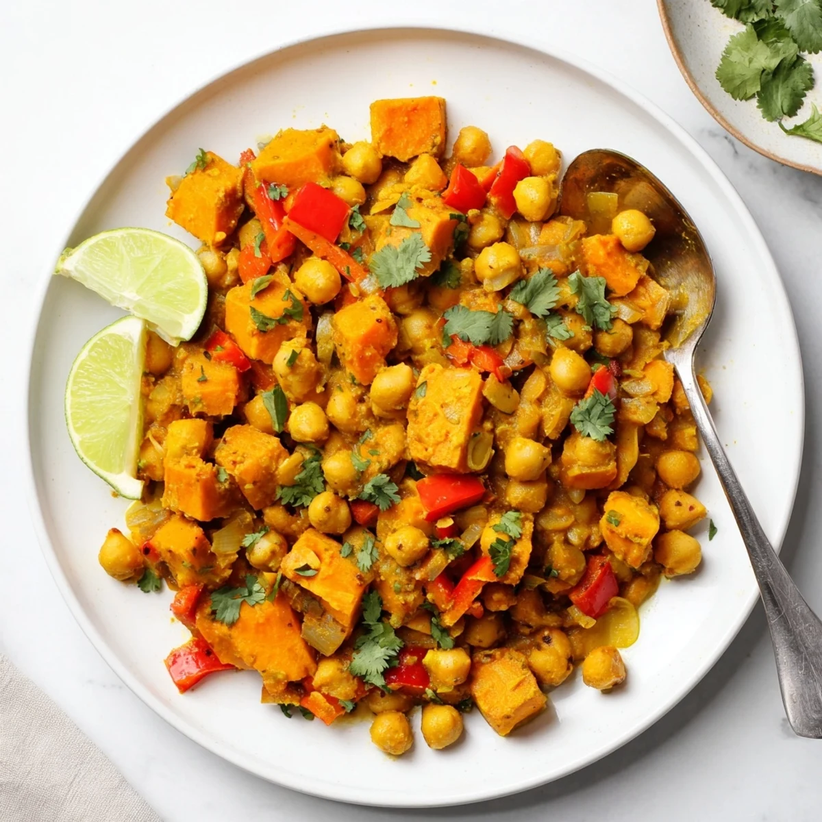 Golden chickpea and sweet potato curry simmered in rich coconut tomato sauce with vibrant spices