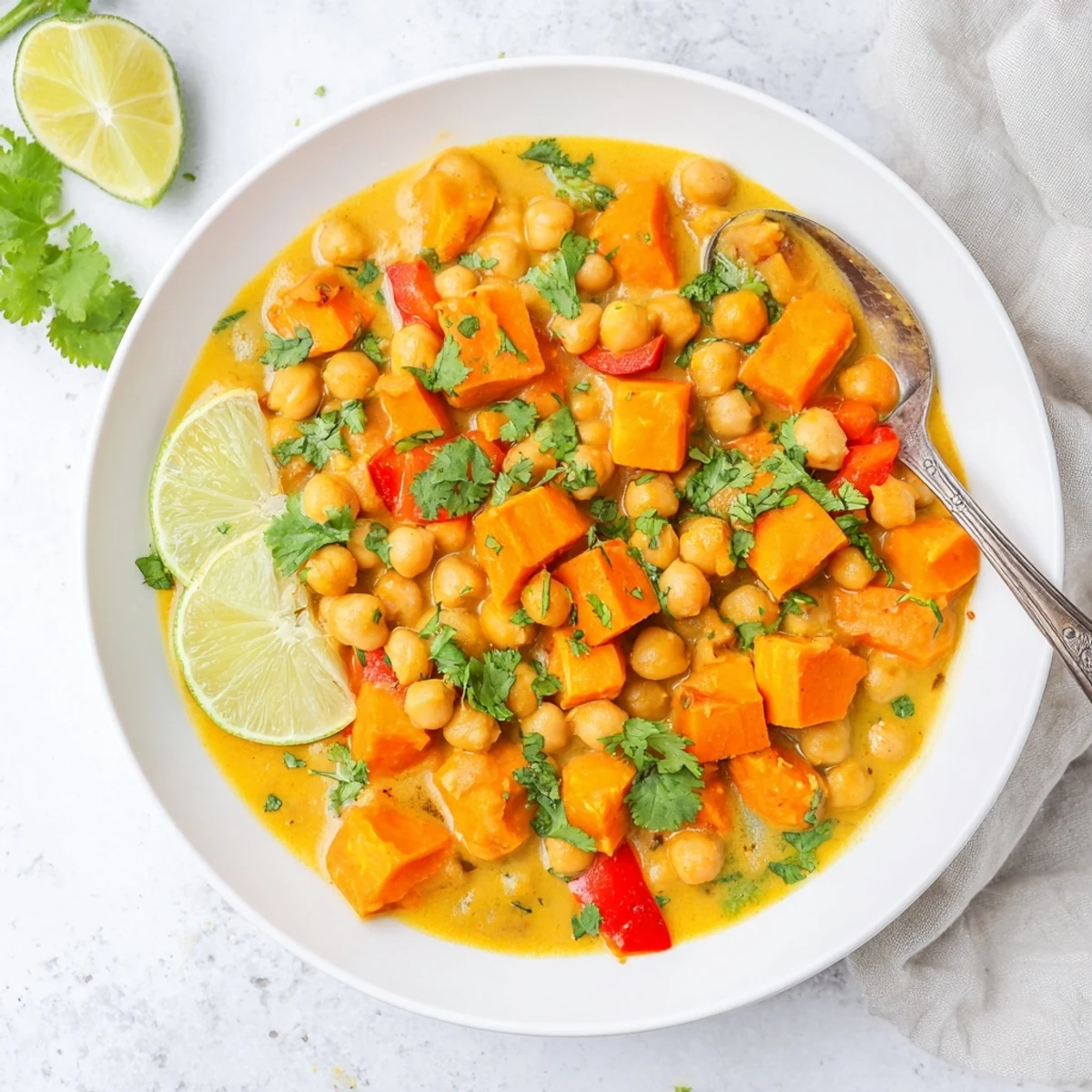 Hearty chickpea and sweet potato curry served in bowls topped with fresh cilantro and lime wedges