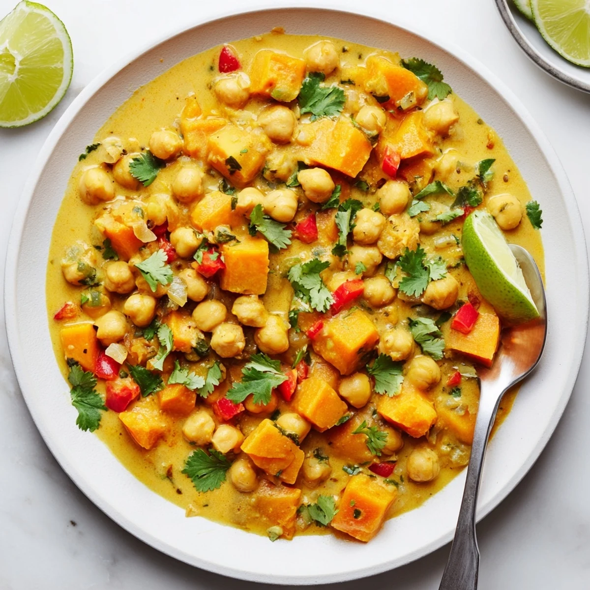 Creamy vegan chickpea and sweet potato curry featuring tender potatoes in aromatic Indian inspired coconut broth