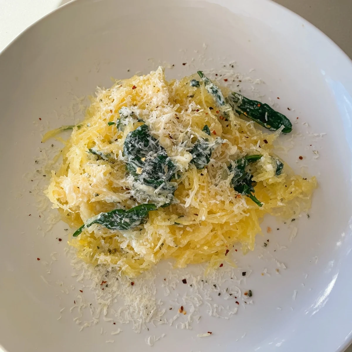 Creamy low-carb Boursin spaghetti squash in a white bowl topped with fresh grated Parmesan