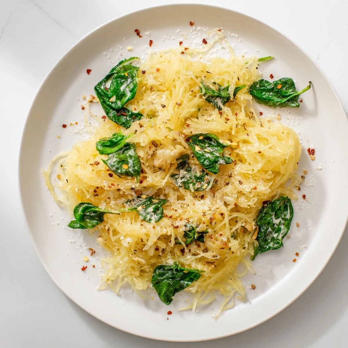 Golden baked Boursin spaghetti squash strands tossed with creamy melted cheese and wilted spinach