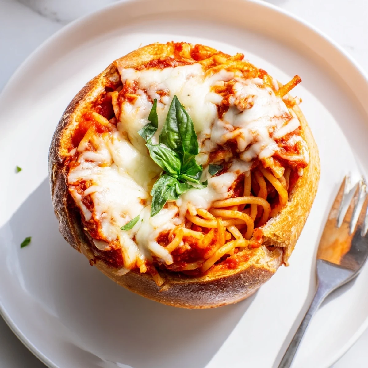 Golden crispy garlic bread bowls filled with tangled spaghetti and rich red marinara sauce