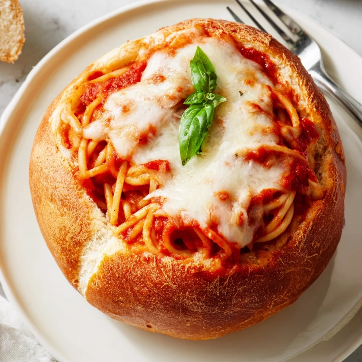 Toasted garlic bread bowls serving Italian spaghetti noodles smothered in savory tomato basil sauce