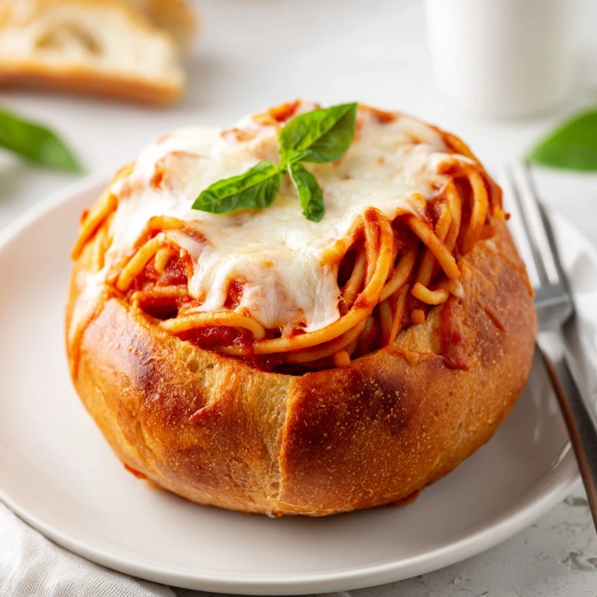 Crispy hollowed bread bowls overflowing with classic spaghetti pasta topped with melted mozzarella cheese