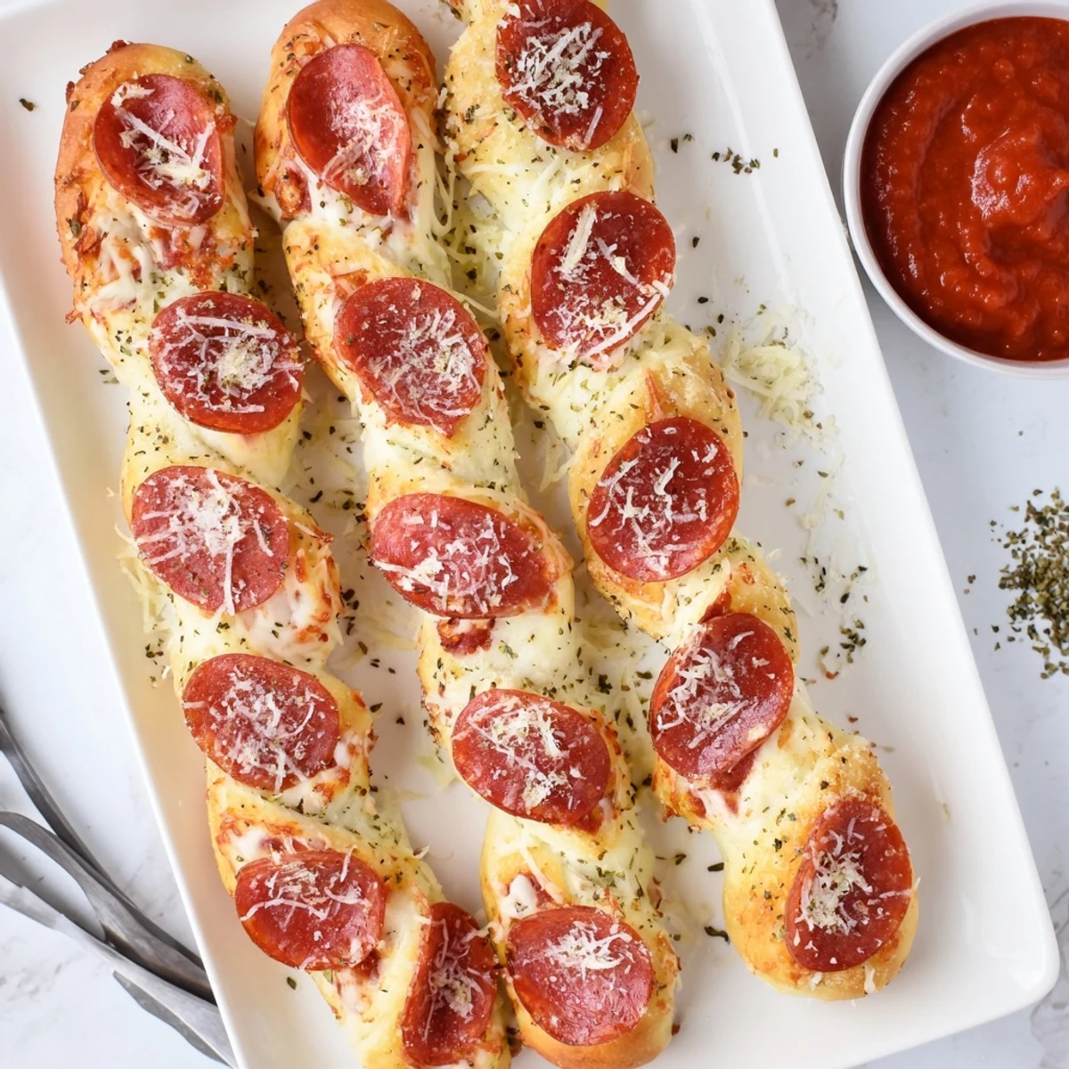 Festive candy cane pizza breadsticks twisted into holiday shapes with melted mozzarella and pepperoni on a baking sheet