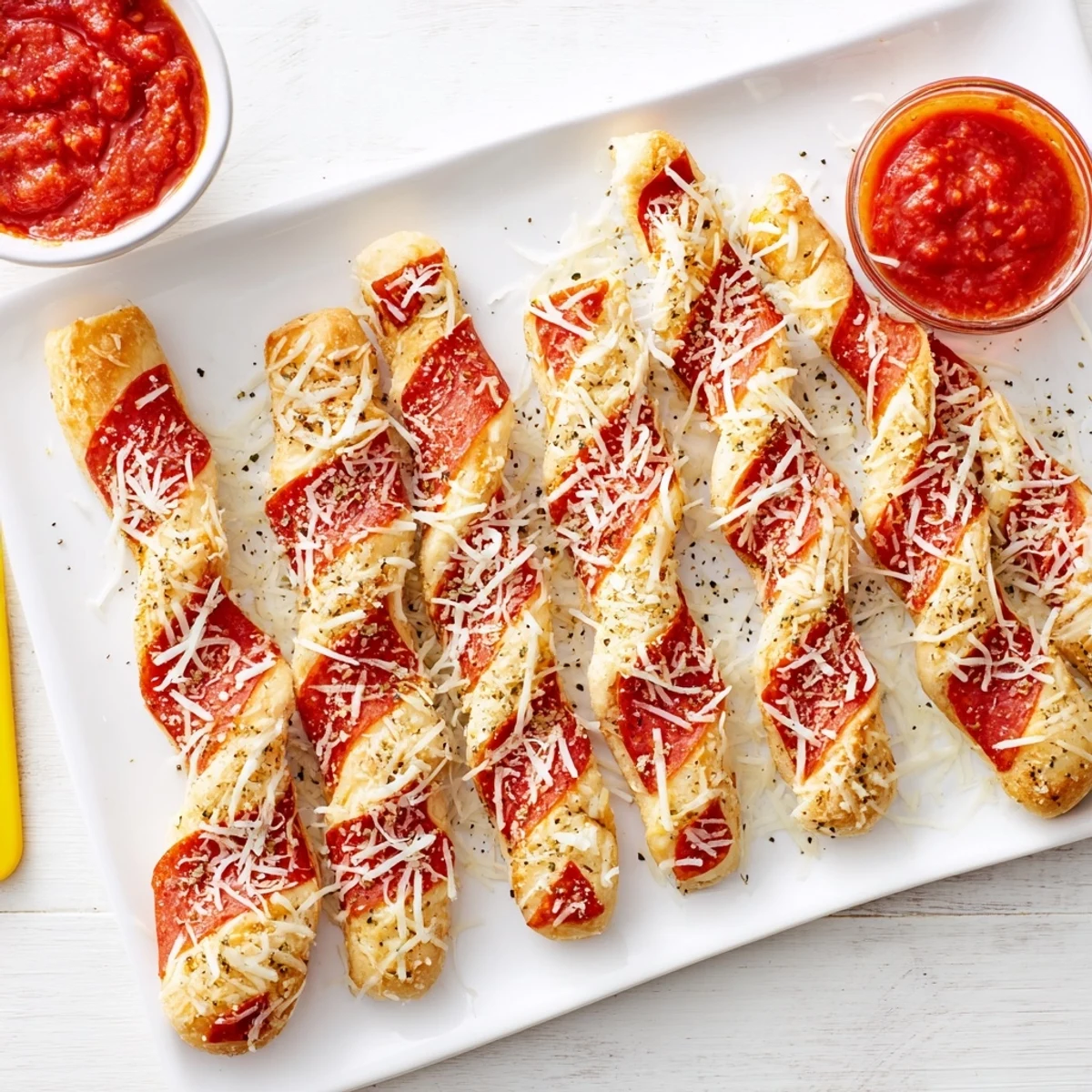 Warm holiday candy cane pizza breadsticks served with red marinara sauce for dipping at a festive party