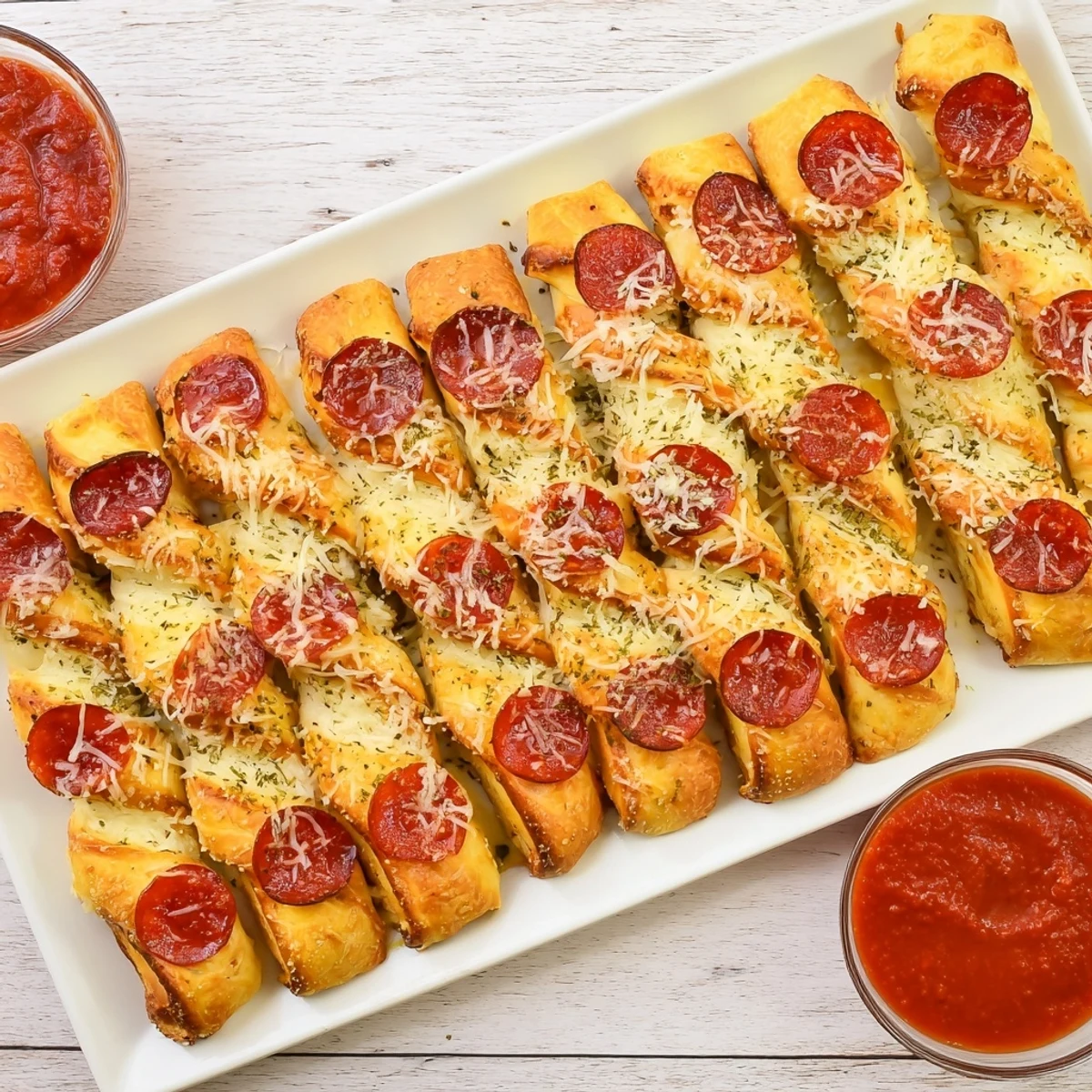 Golden brown candy cane pizza breadsticks brushed with garlic butter and sprinkled with Parmesan cheese and Italian herbs