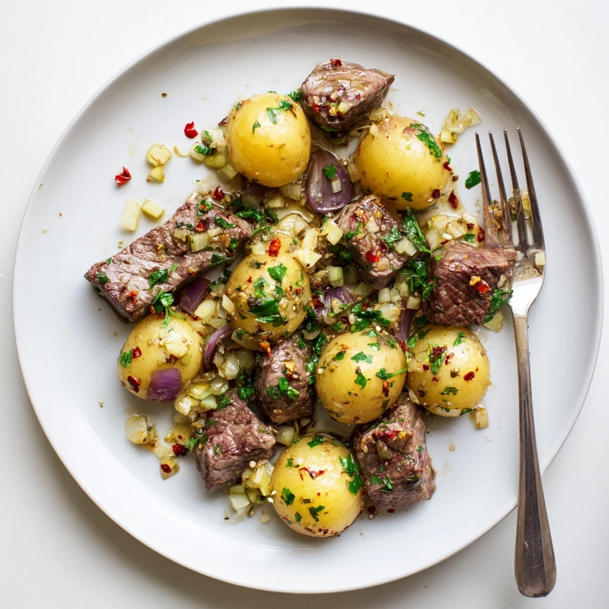 Golden seared steak bites and baby potatoes coated in rich garlic butter sauce