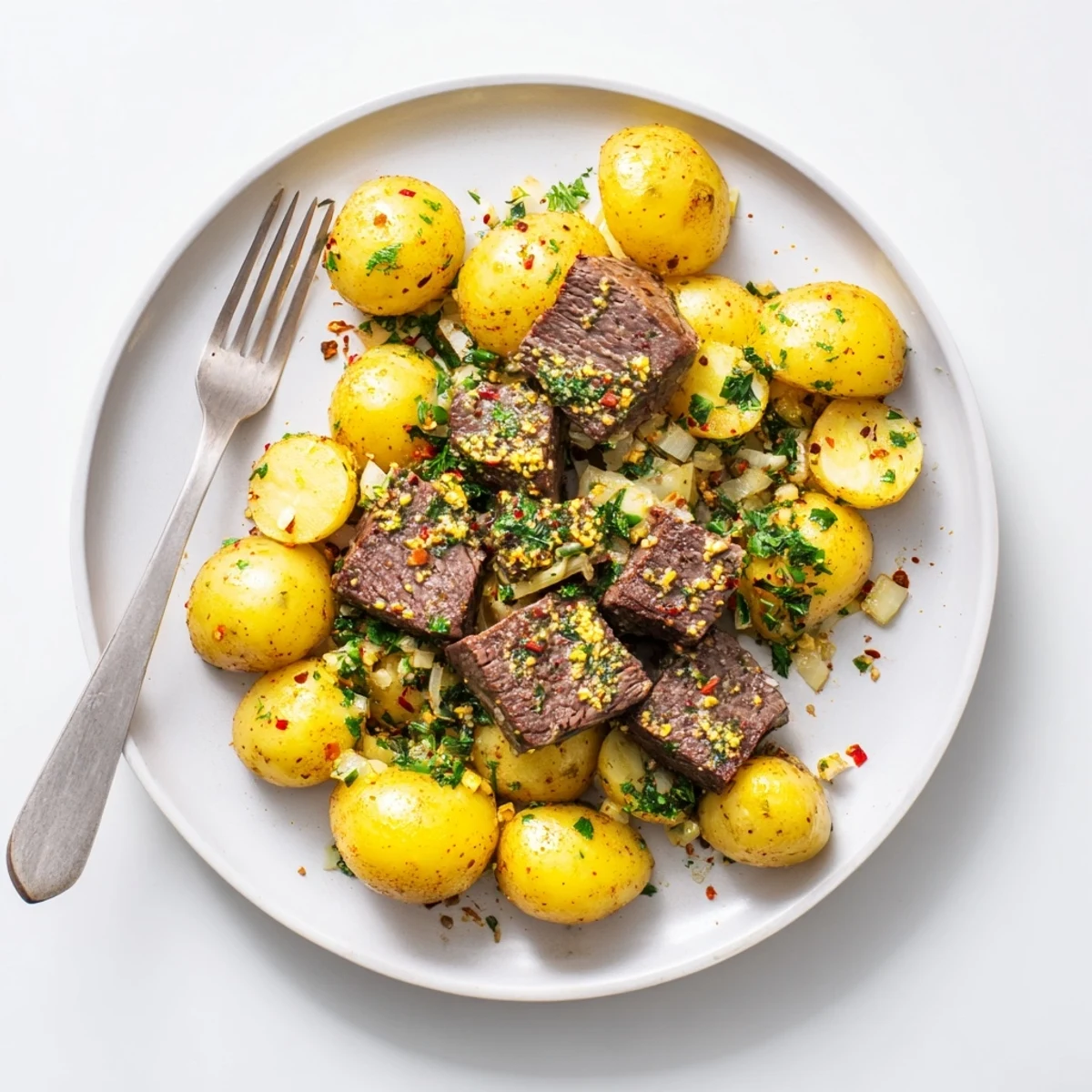 Heaping bowl of garlic butter steak bites and baby potatoes ready for dinner