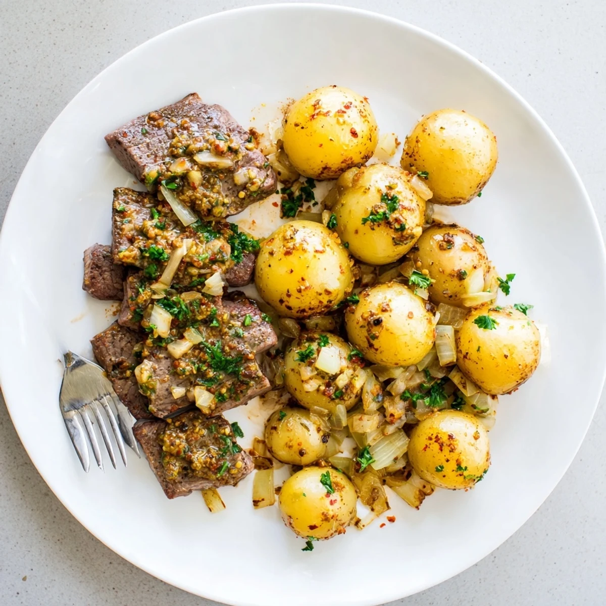 Tender slow cooker garlic butter steak bites with potatoes garnished with fresh parsley