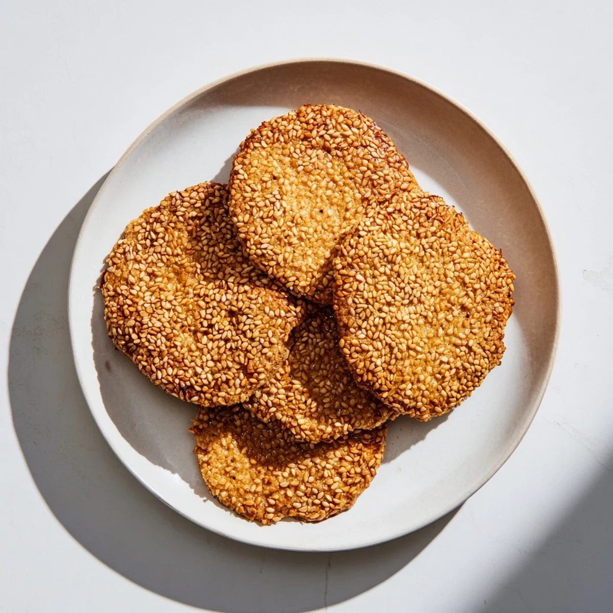 Plate of easy chewy sesame honey cookies featuring honey sweetness and crunchy sesame coating