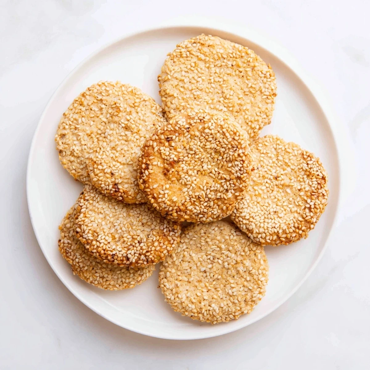 Freshly baked easy chewy sesame honey cookies with golden edges and nutty sesame topping