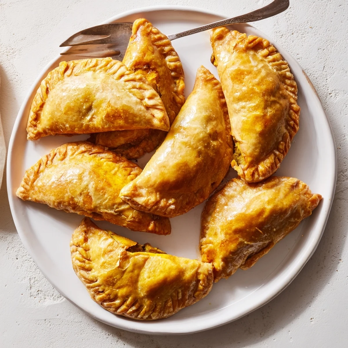 Southeast Asian style curry puffs with beef showing golden crust and crimped edges